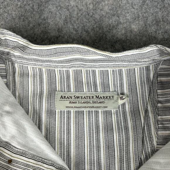 Aran Sweater Market Shirt Men XL Cream Striped Irish Grandfather Oversize Cotton - Picture 6 of 8